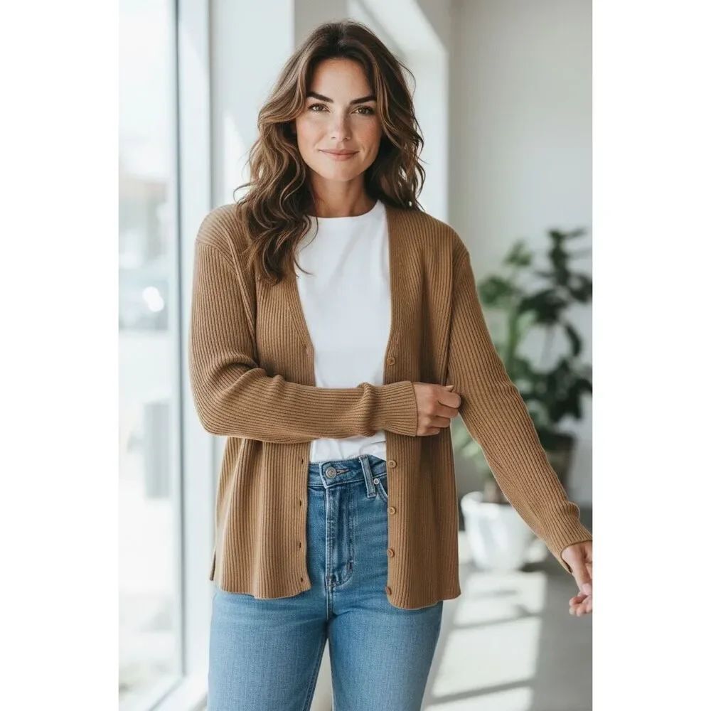 Sag Harbor Camel Ribbed Button Front Cardigan Sweater XL